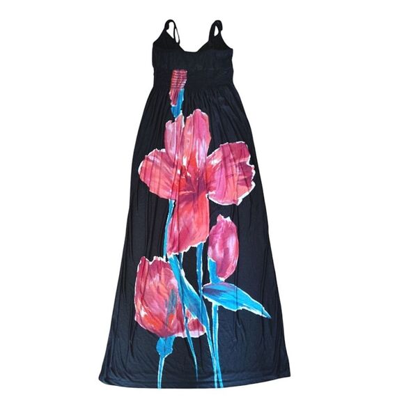 Y2K Black Pink Floral Hawaiian Maxi Tank Dress Size Small *fits Sm- Med - Picture 7 of 12
